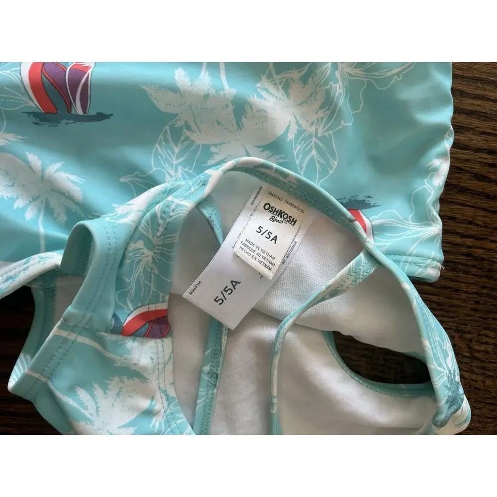 OshKosh B'gosh girls swimsuit size 5 beach print blue side cut out details NWOT